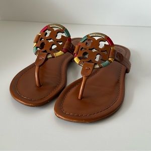 TORY BURCH MILLER LEATHER TAN THONG SANDALS WITH MULTICOLOR ACCENTS